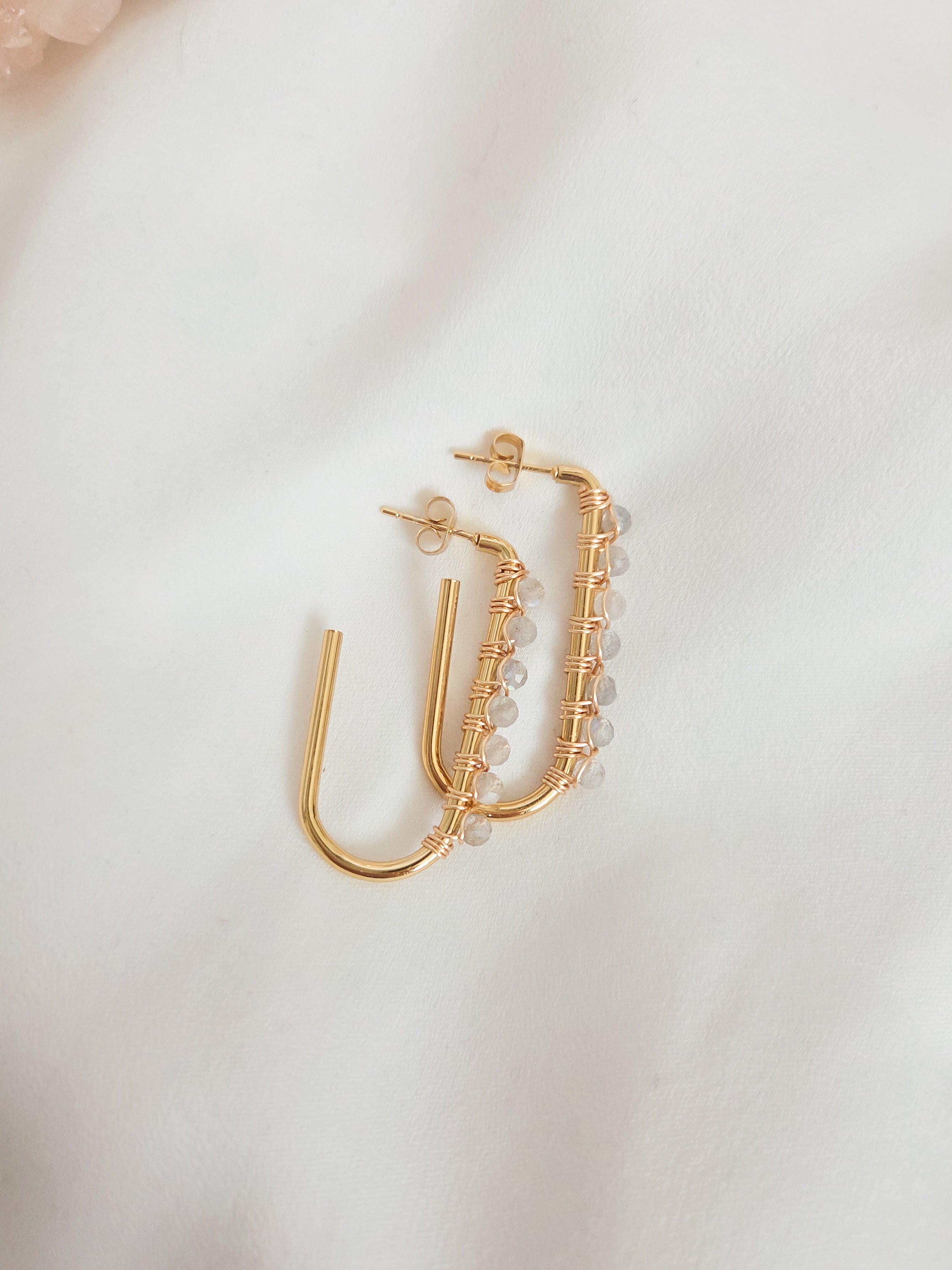 Gold elongated hoops with faceted labradorite gemstones. Gemstone earrings made in Canada.