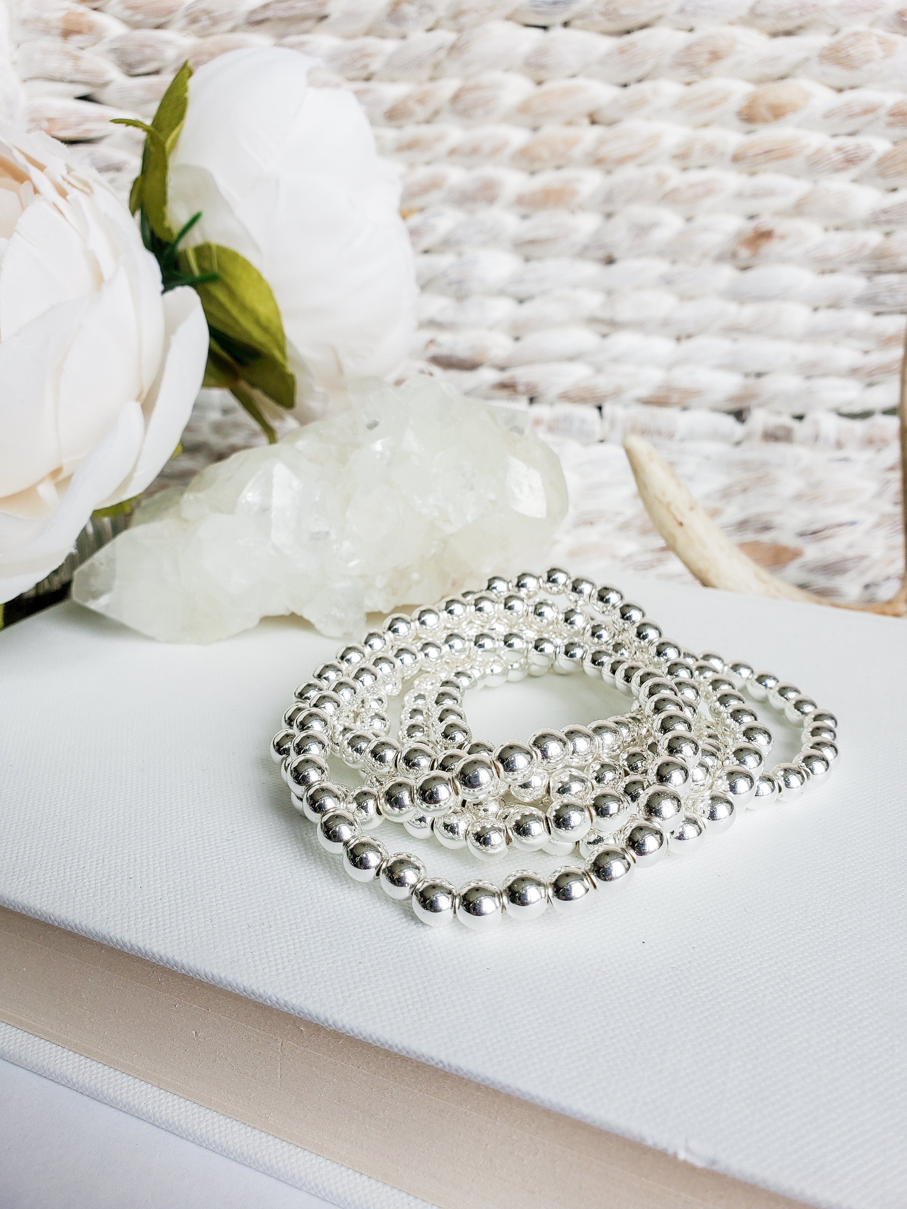 silver beaded stacking bracelets, 6mm hematite beads