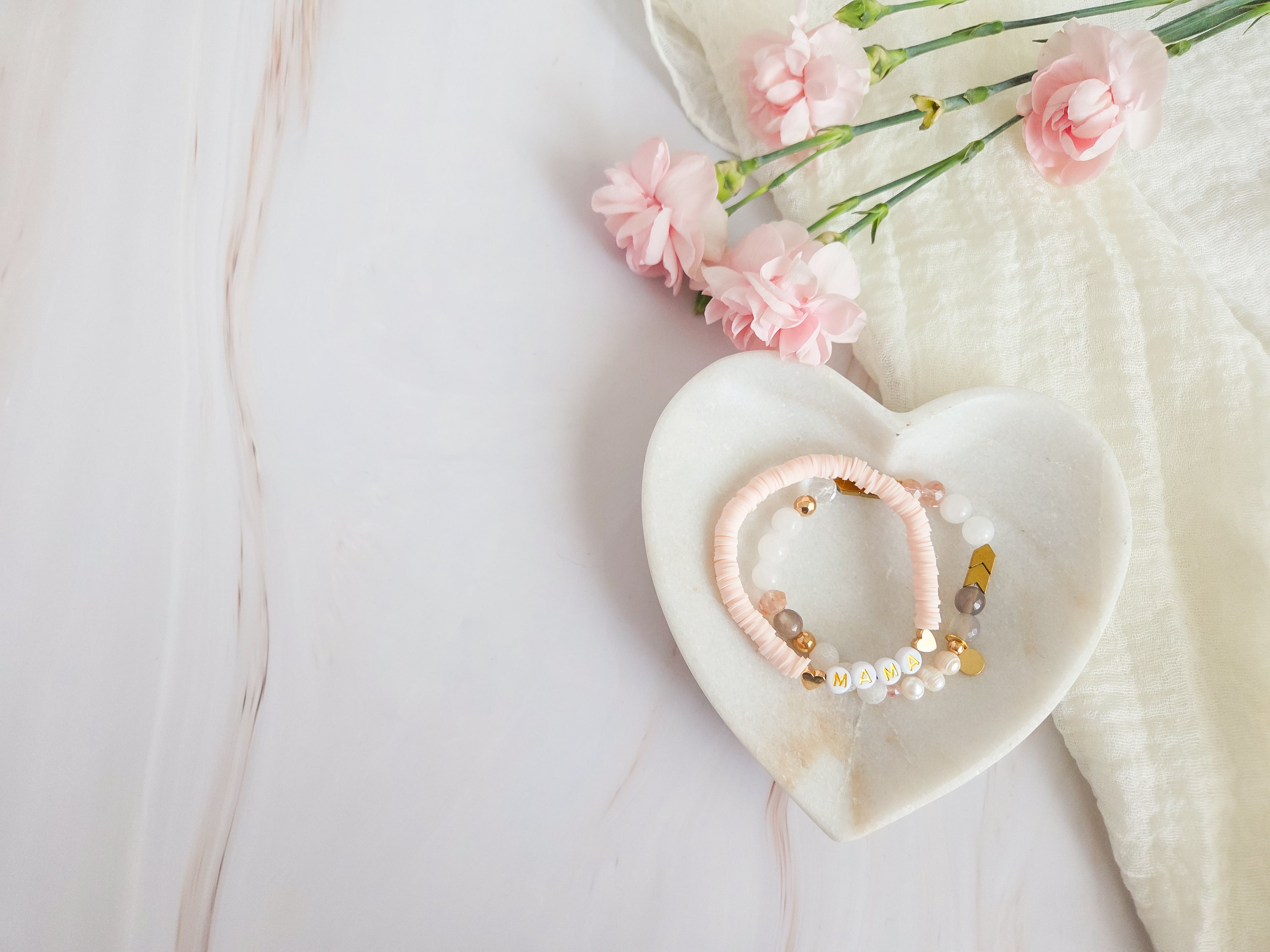 Mama bracelet and gemstone beaded bracelet in neutral colours. Valentine's Day gifts.