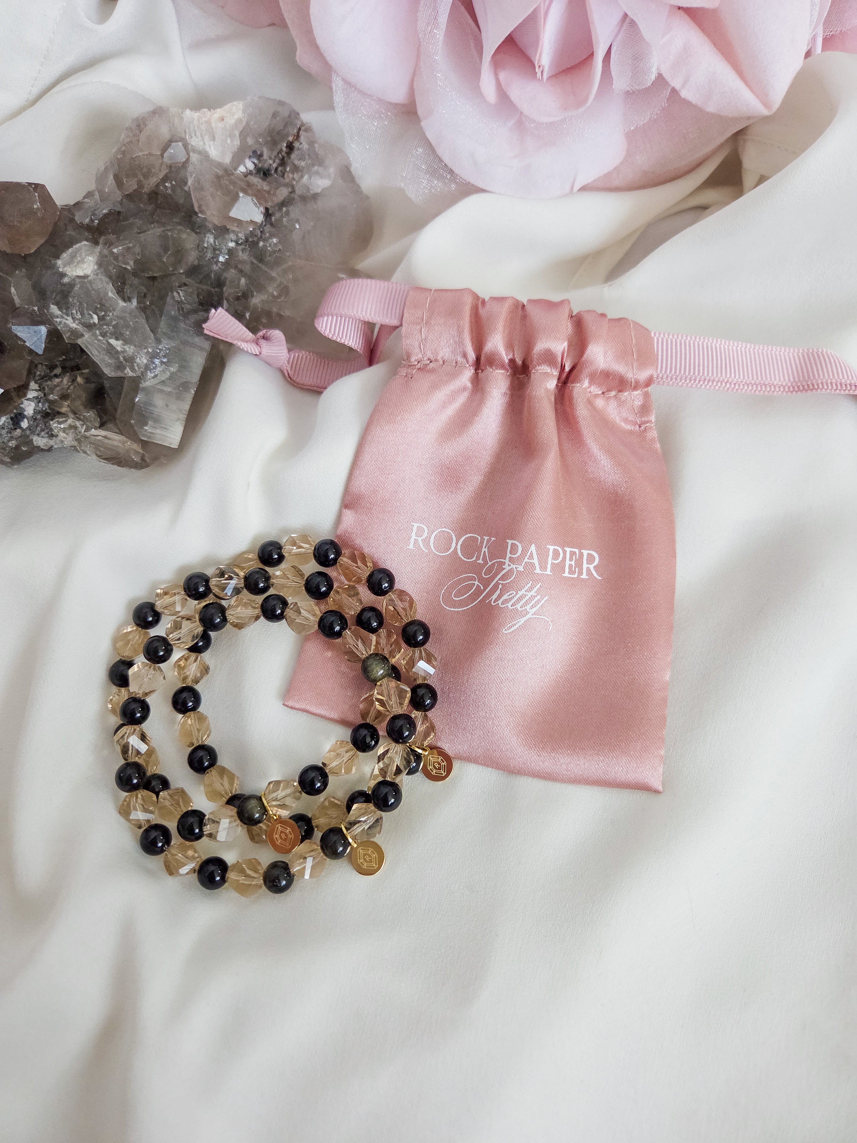 Gillian Bracelet - Gold Sheen Obsidian & Champagne Glass Beads Stretch Bracelet