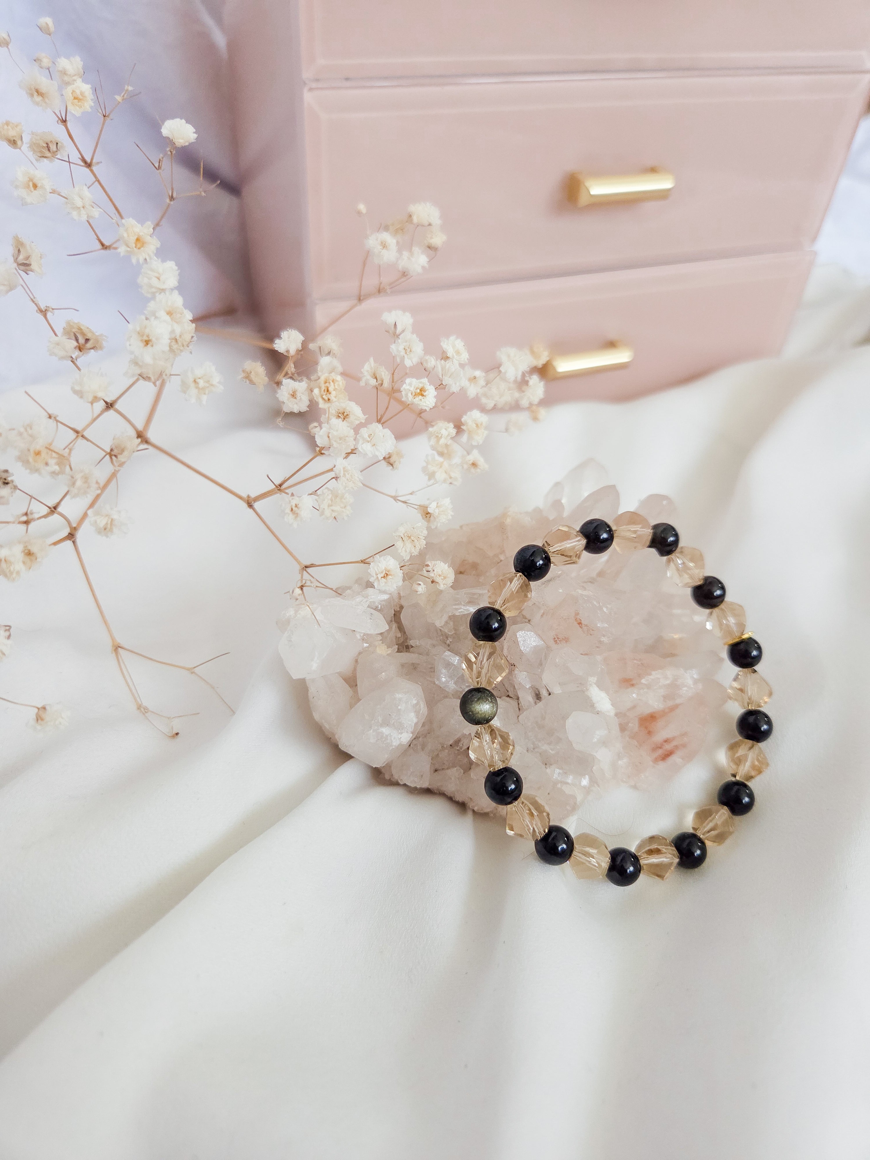 Gillian Bracelet - Gold Sheen Obsidian & Champagne Glass Beads Stretch Bracelet