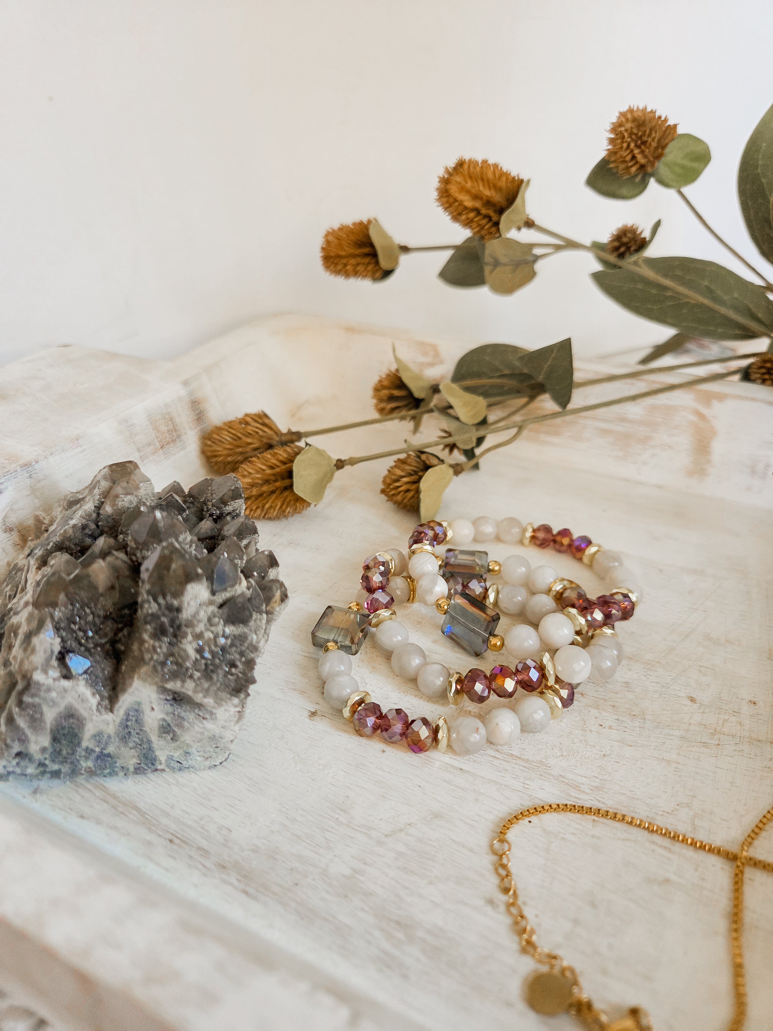 Frances Bracelet - White Lace Agate & Purple Glass Stretch Bracelet