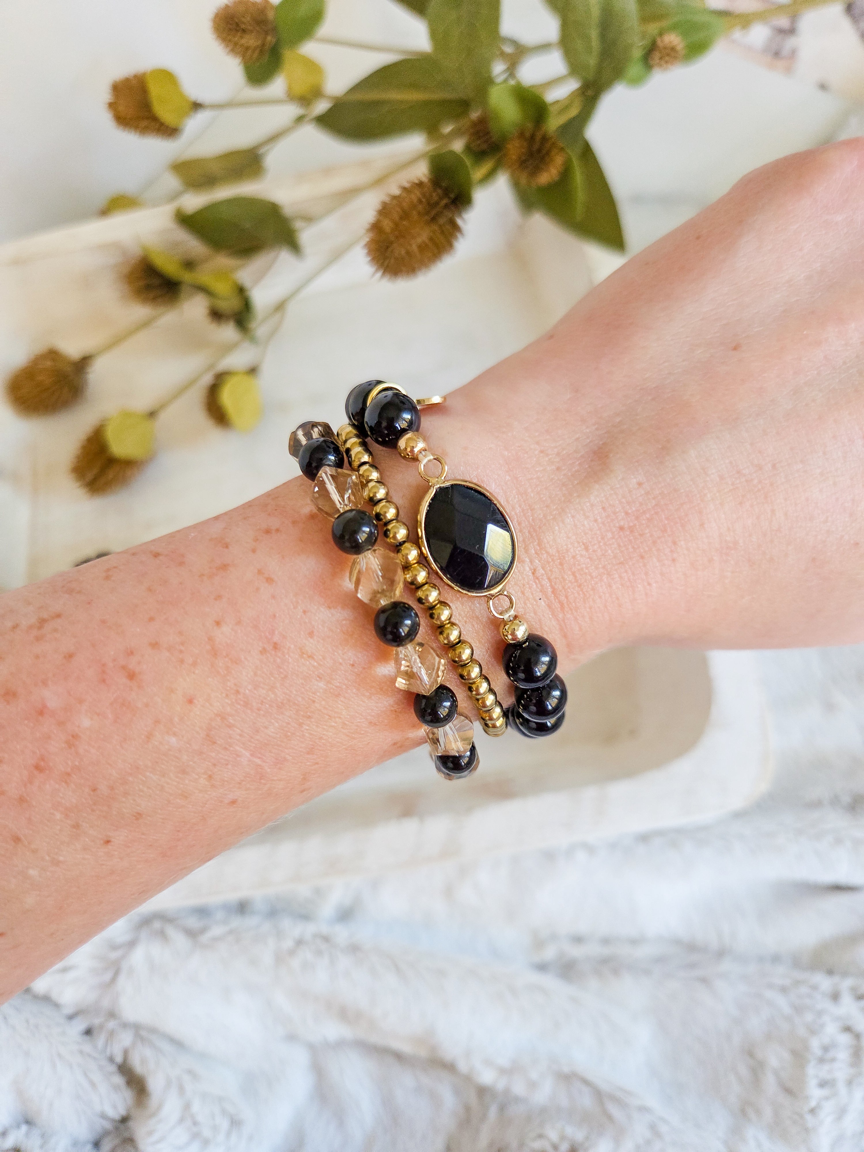 Gillian Bracelet - Gold Sheen Obsidian & Champagne Glass Beads Stretch Bracelet