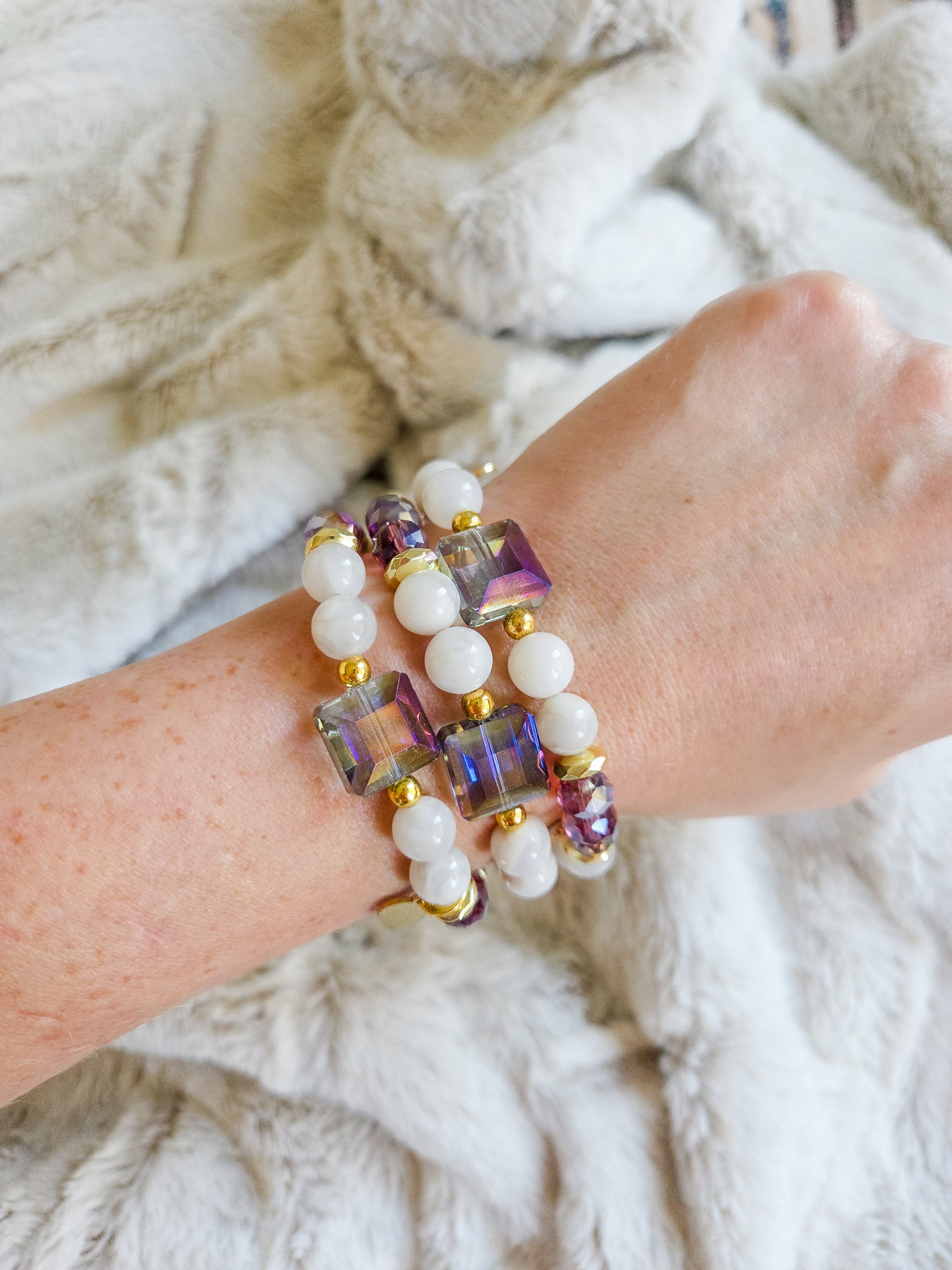Frances Bracelet - White Lace Agate & Purple Glass Stretch Bracelet