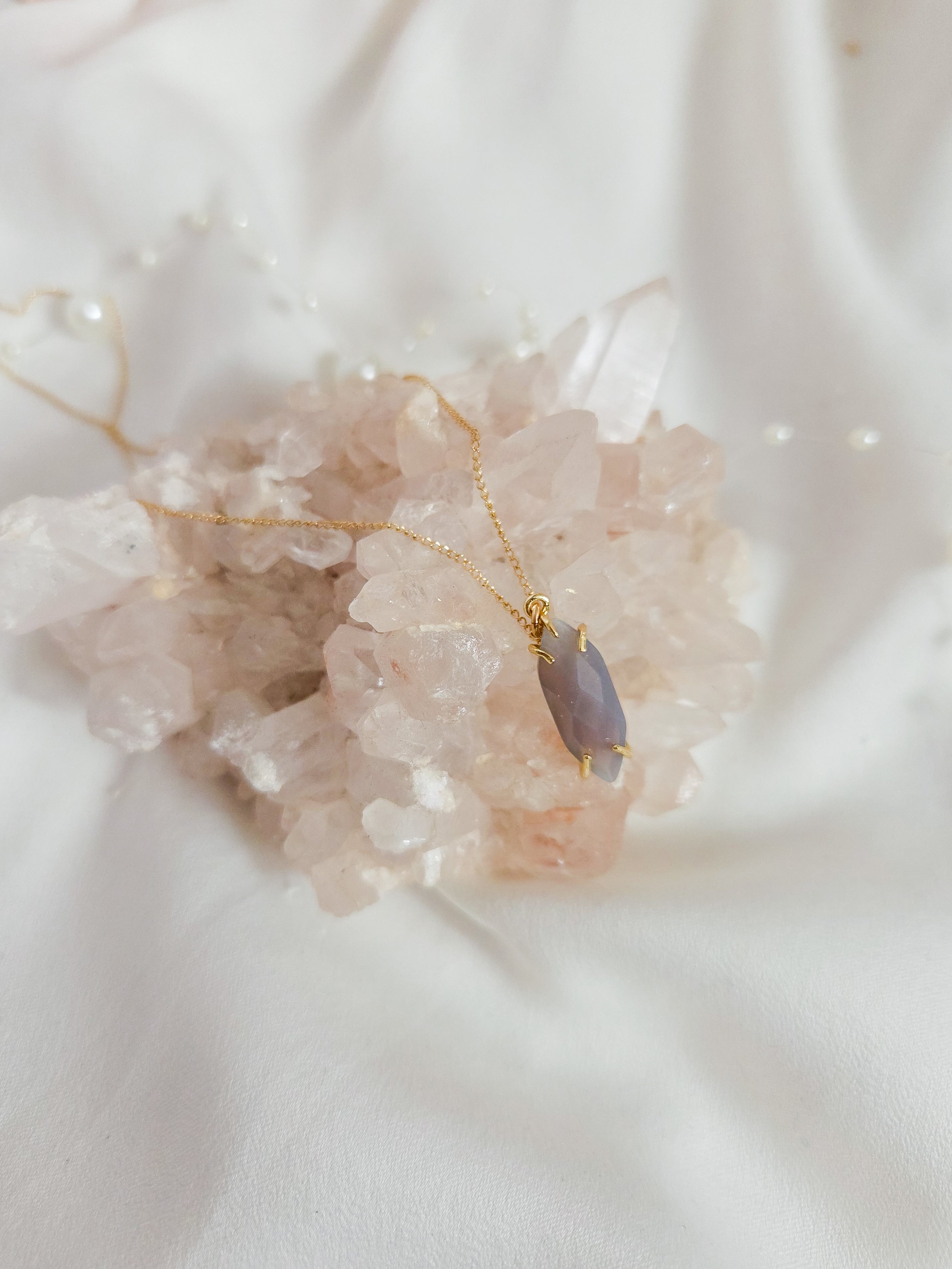 Eloise Necklace | Grey Agate Pendant | 14K Gold Filled Chain