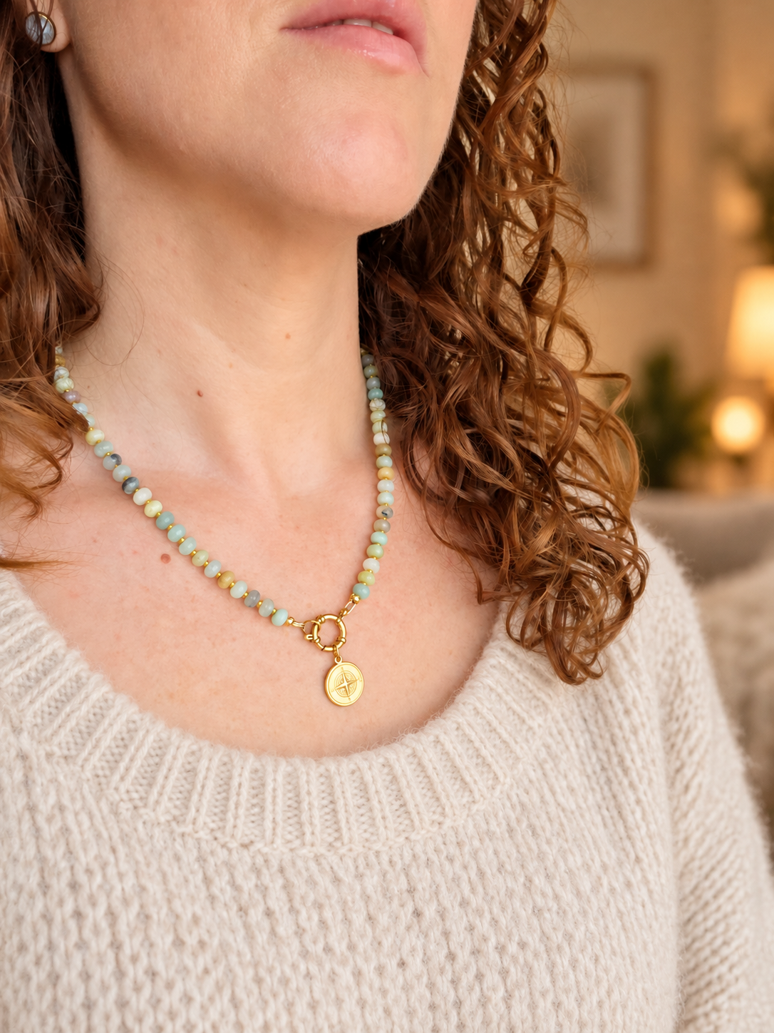 Gift ideas for her, gemstone jewelry made in Canada, amazonite beaded necklace, wear it two ways