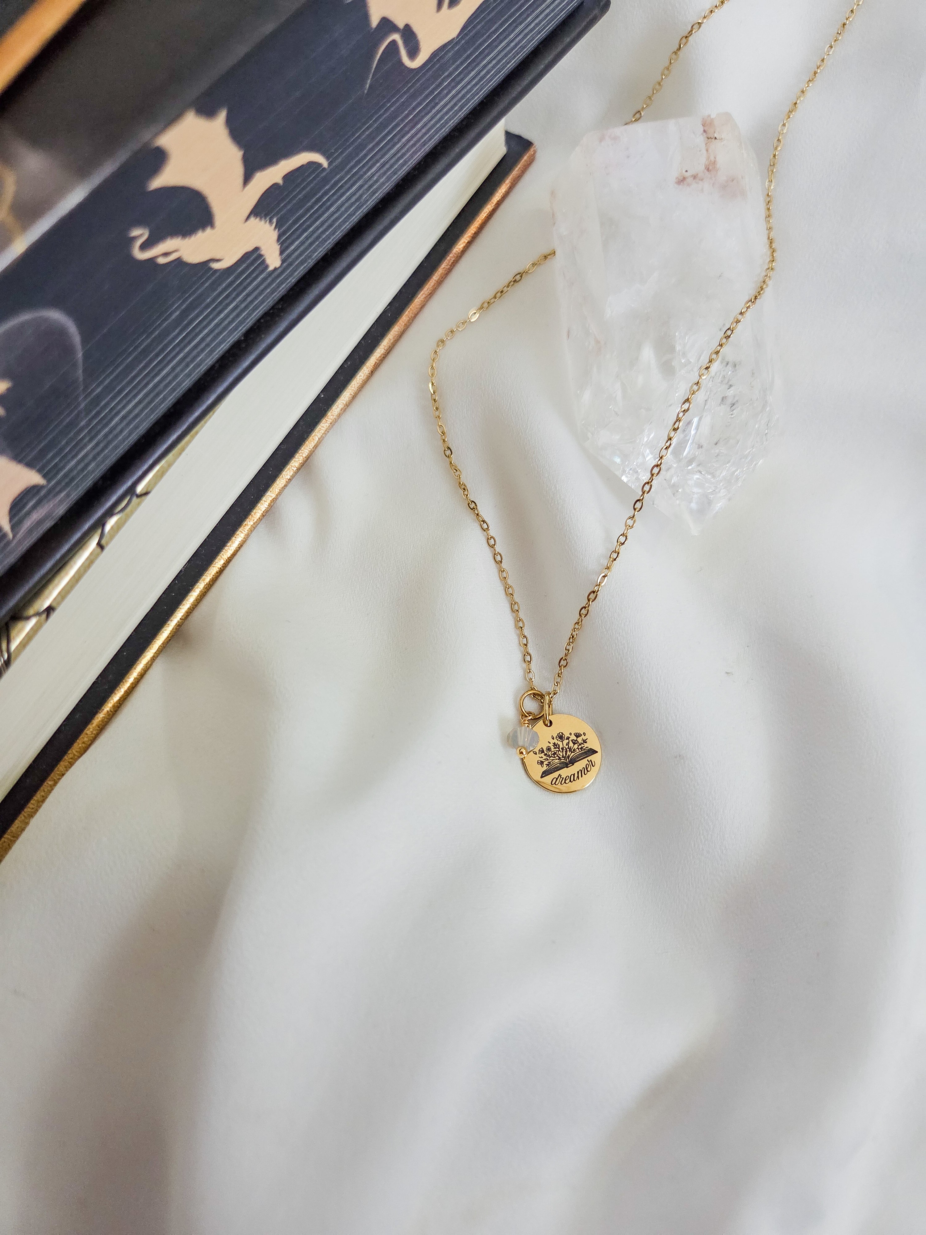 Laser engraved dreamer pendant necklace. Waterproof and tarnish proof jewelry made in Canada.