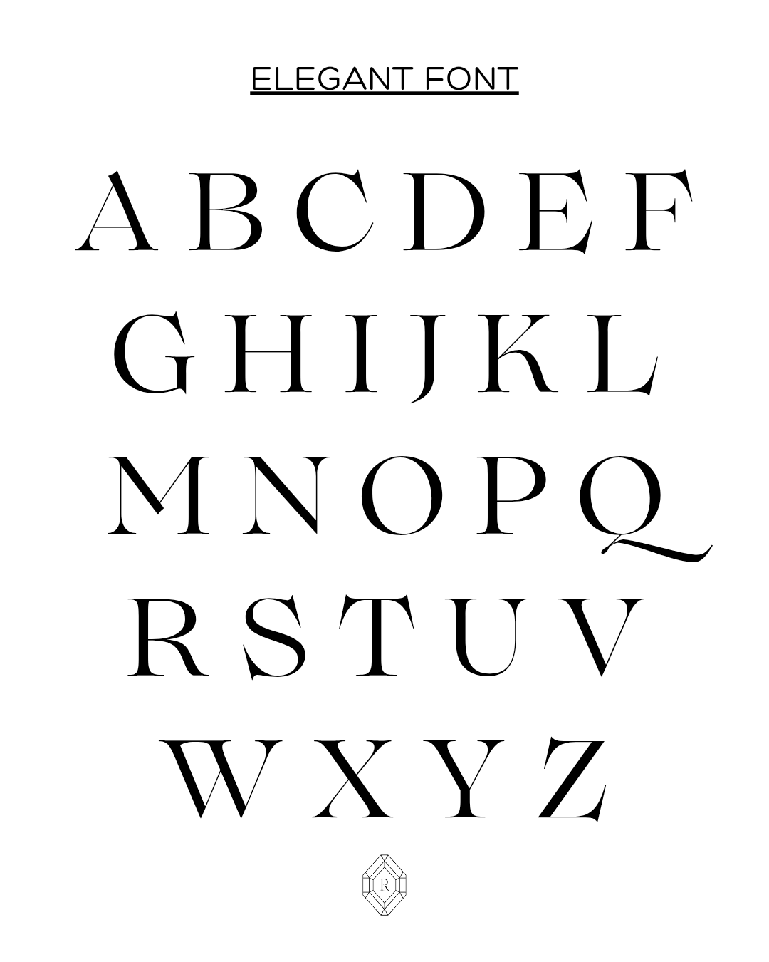 Elegant font display with letters A to Z on a white background