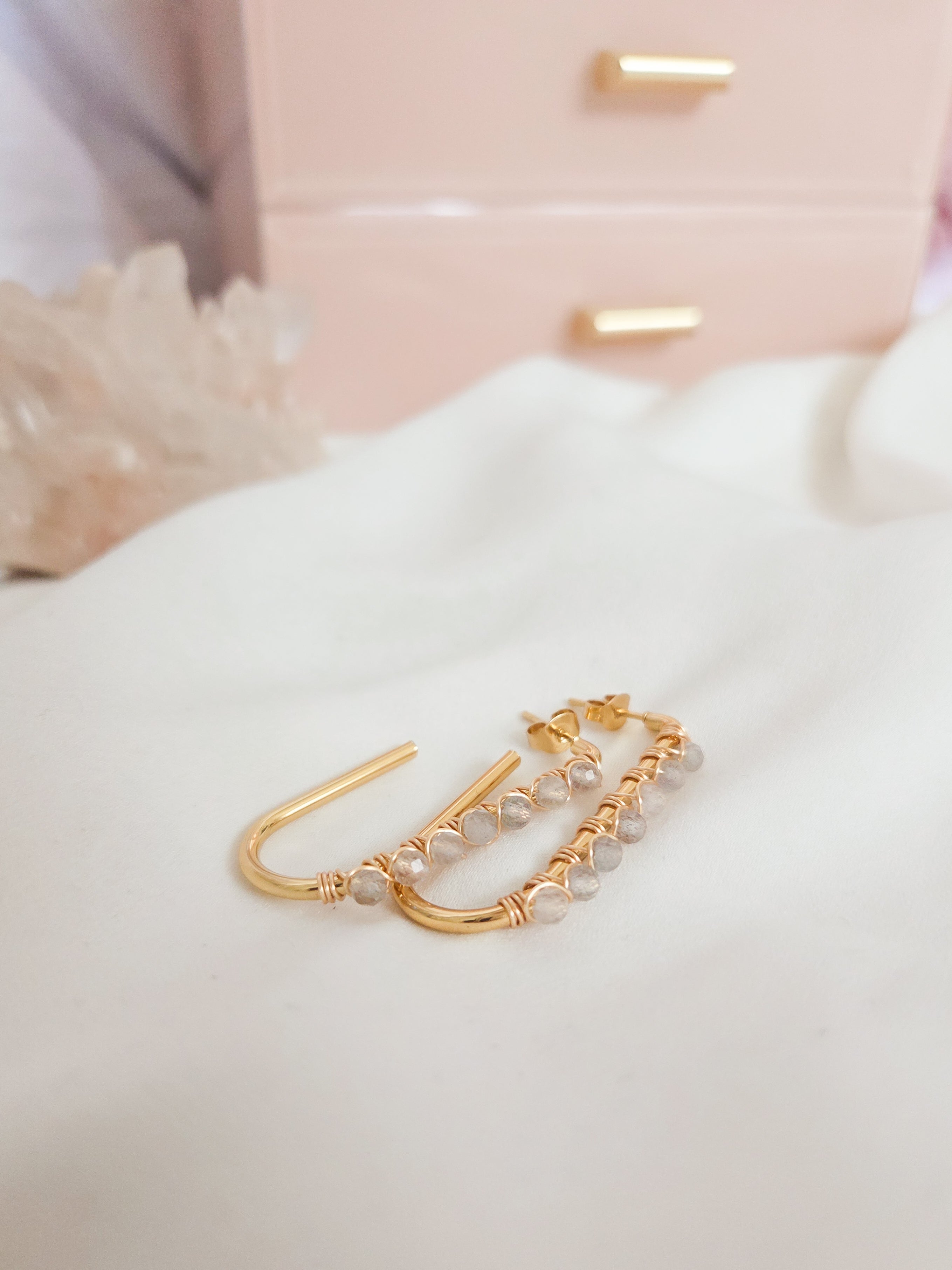 Hypoallergenic gold stainless steel hoop earrings with labradorite gemstones.