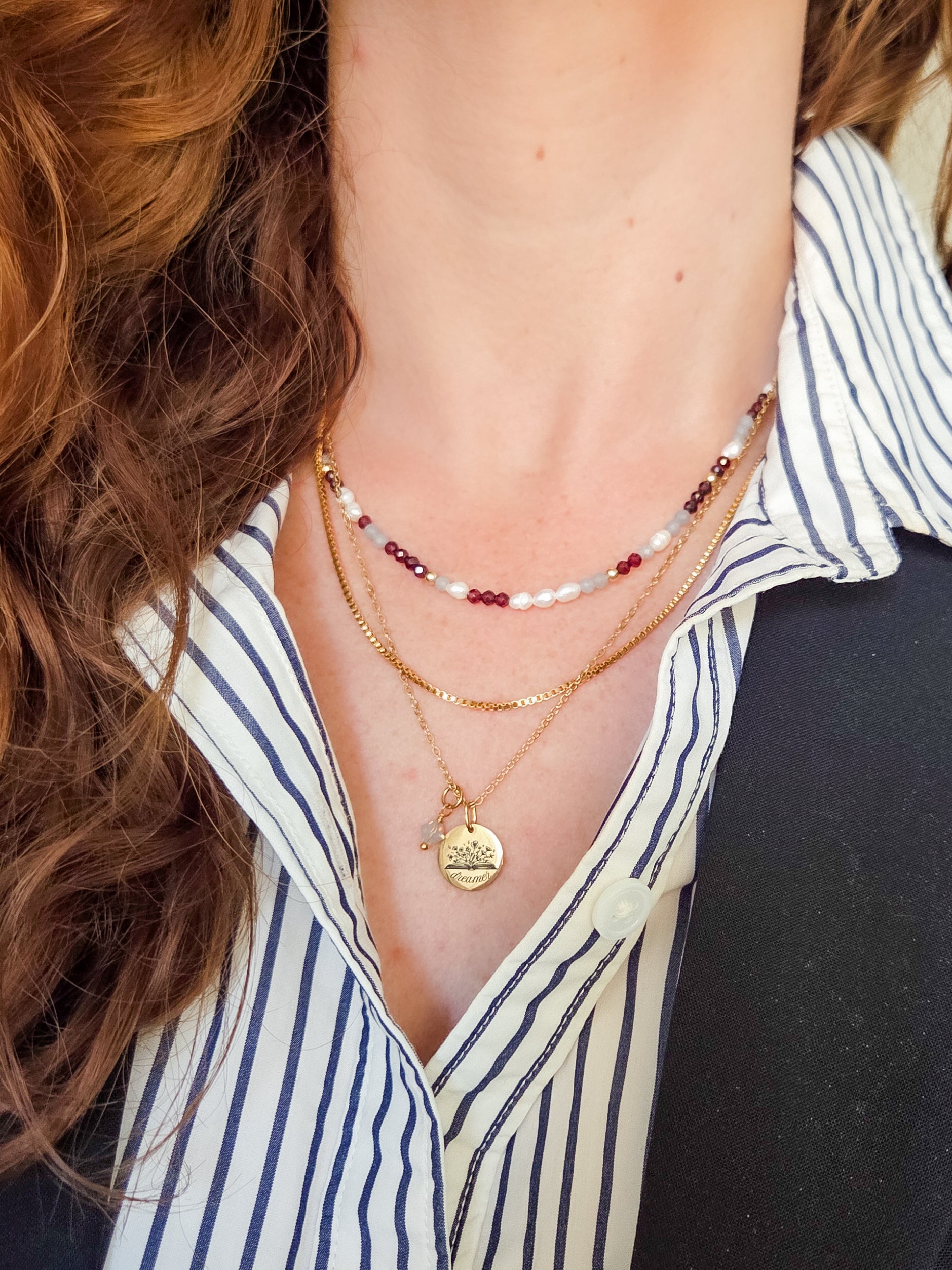 Beaded dainty gemstone necklace and waterproof, tarnish proof chain necklaces