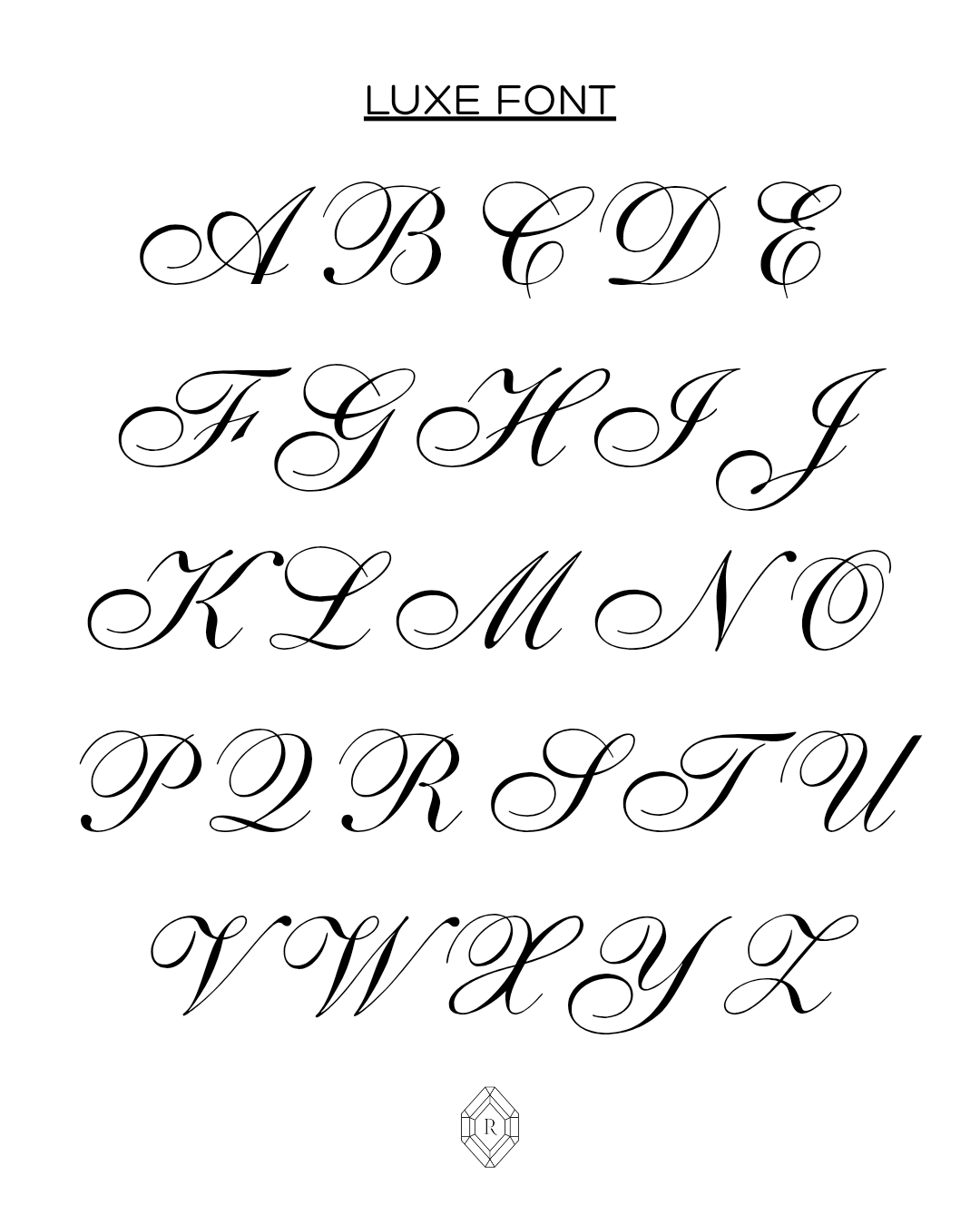 Luxe font display with black letters on a white background