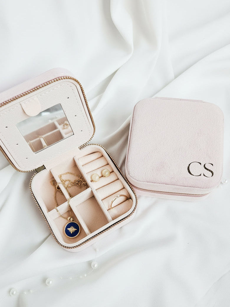 Pink jewelry travel box with personalized initials