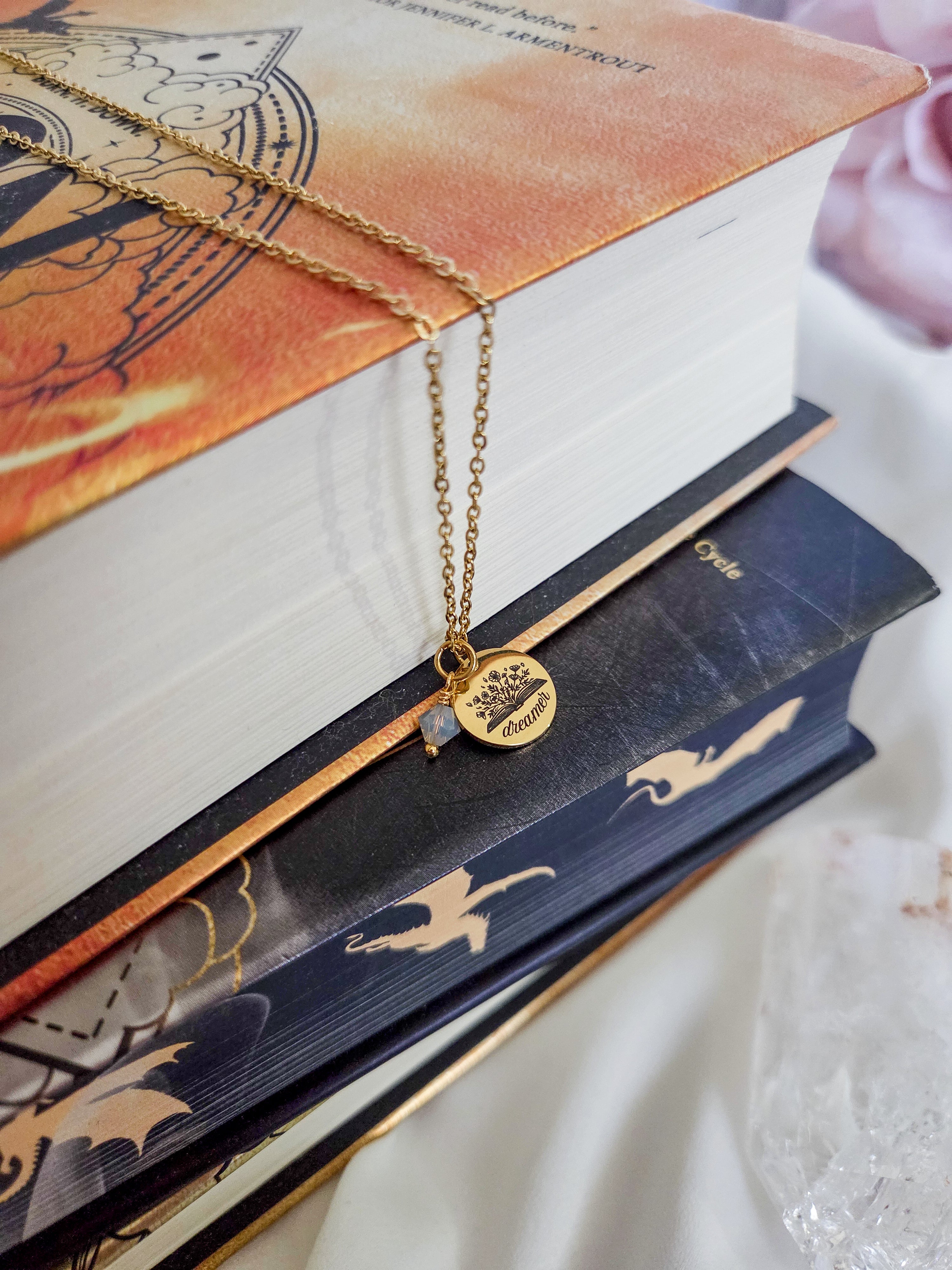 Gifts for book lovers. Gold plated stainless steel pendant necklace.