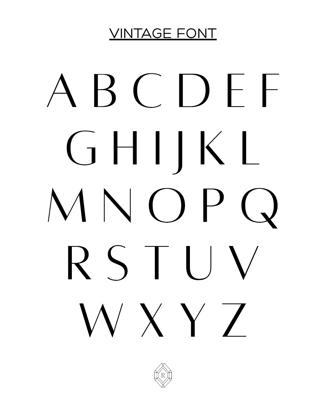 Vintage-style alphabet letters on a white background