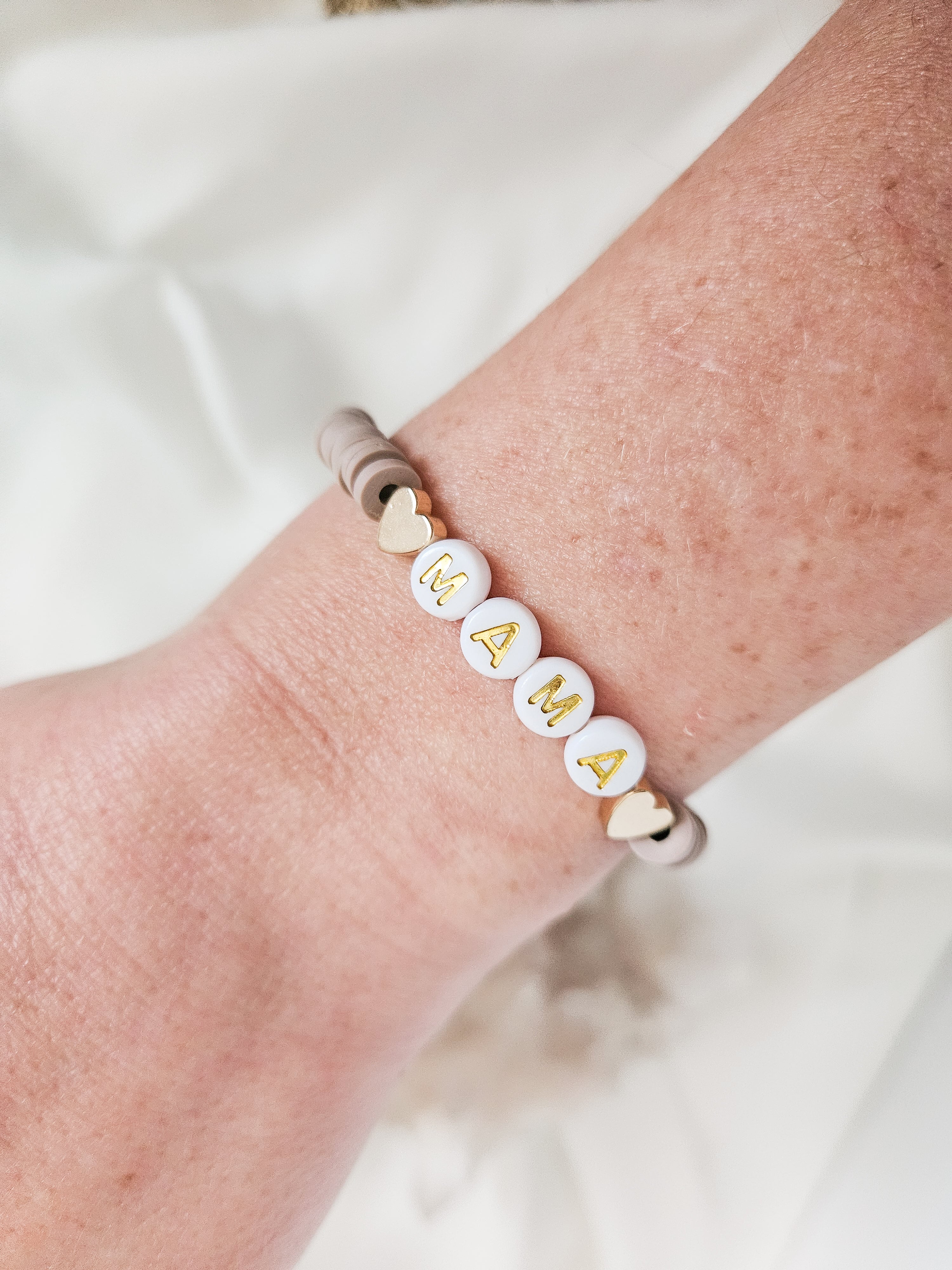 Pebble neutral personalized mama bracelet with polymer clay heishi beads