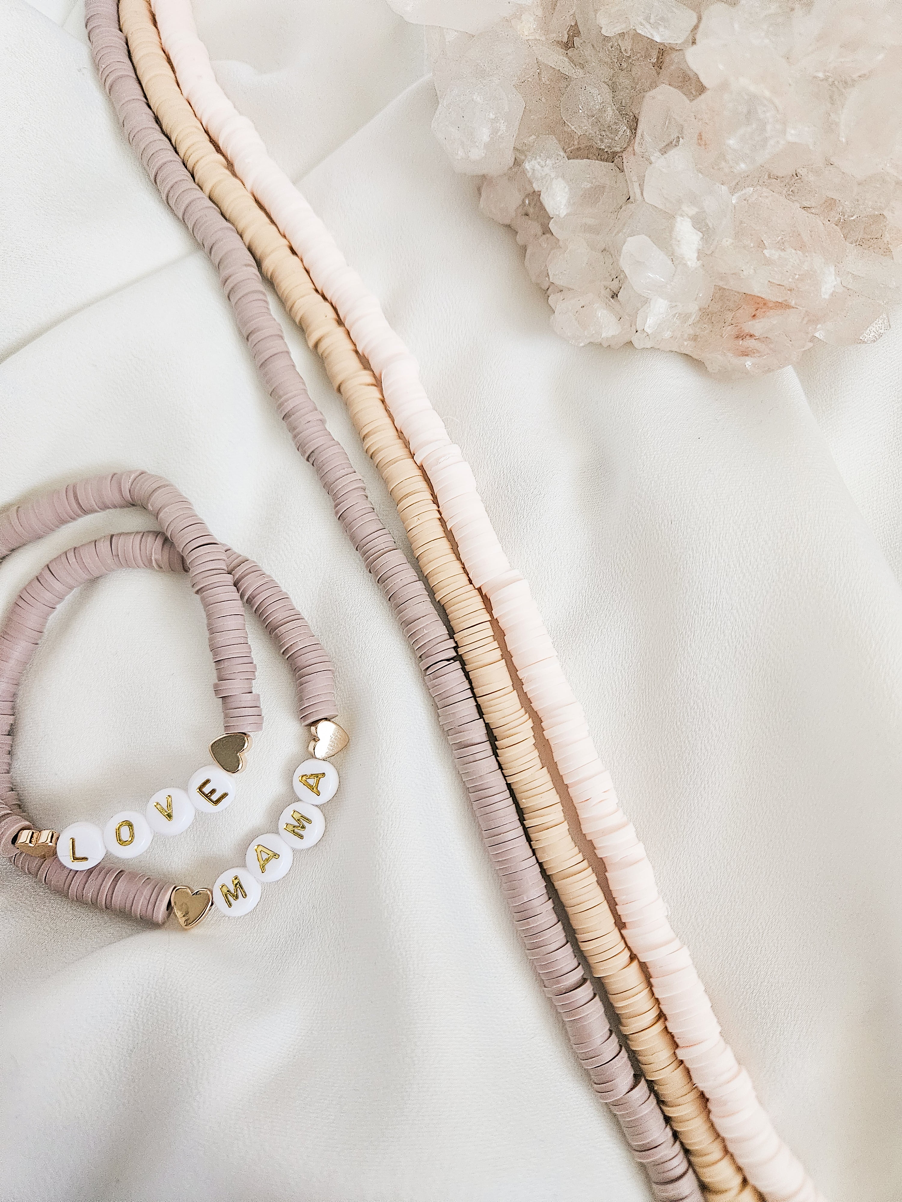 Stretch personalized bracelet with polymer clay heishi beads