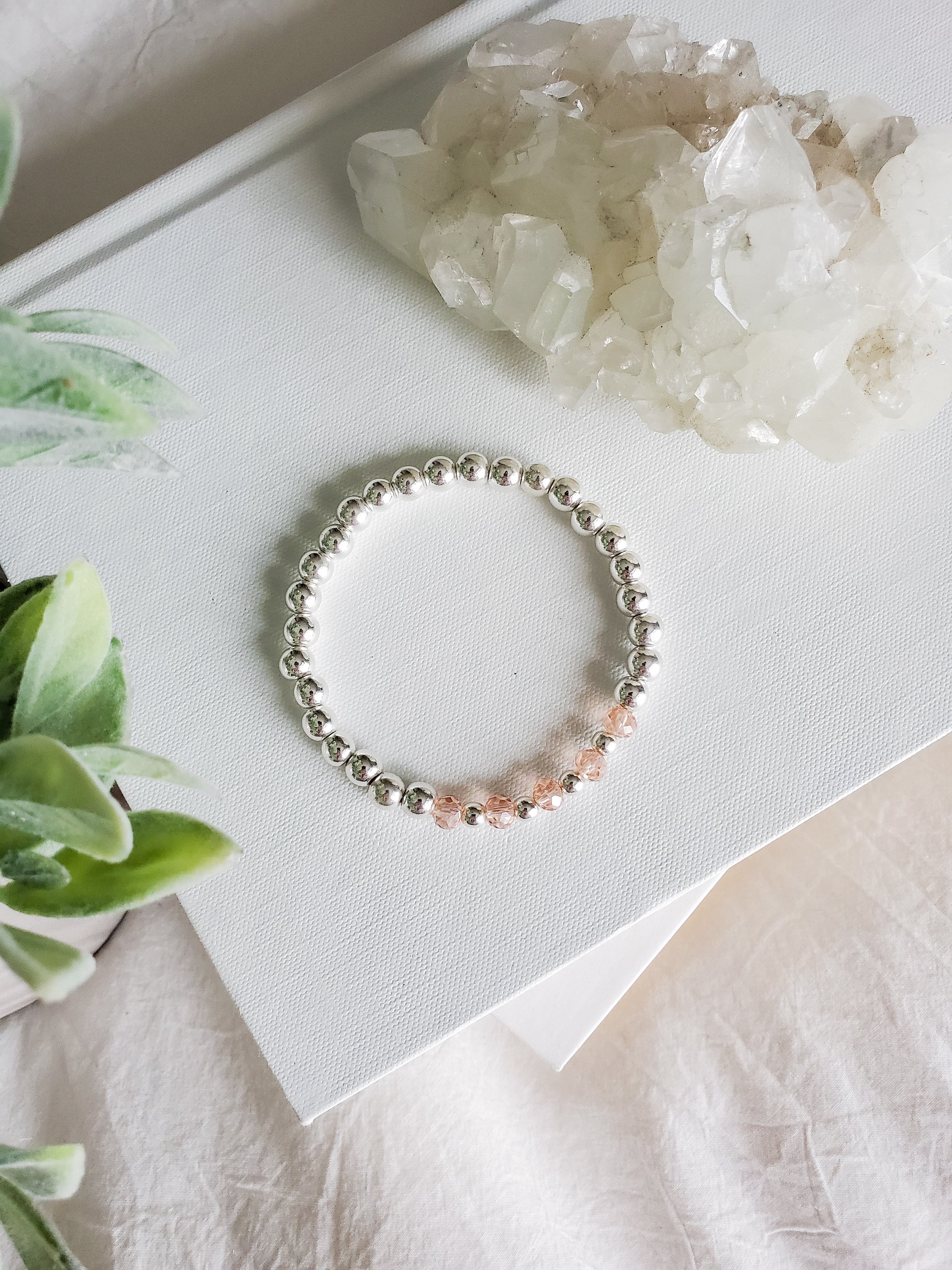 Dainty silver and pink beaded bracelet
