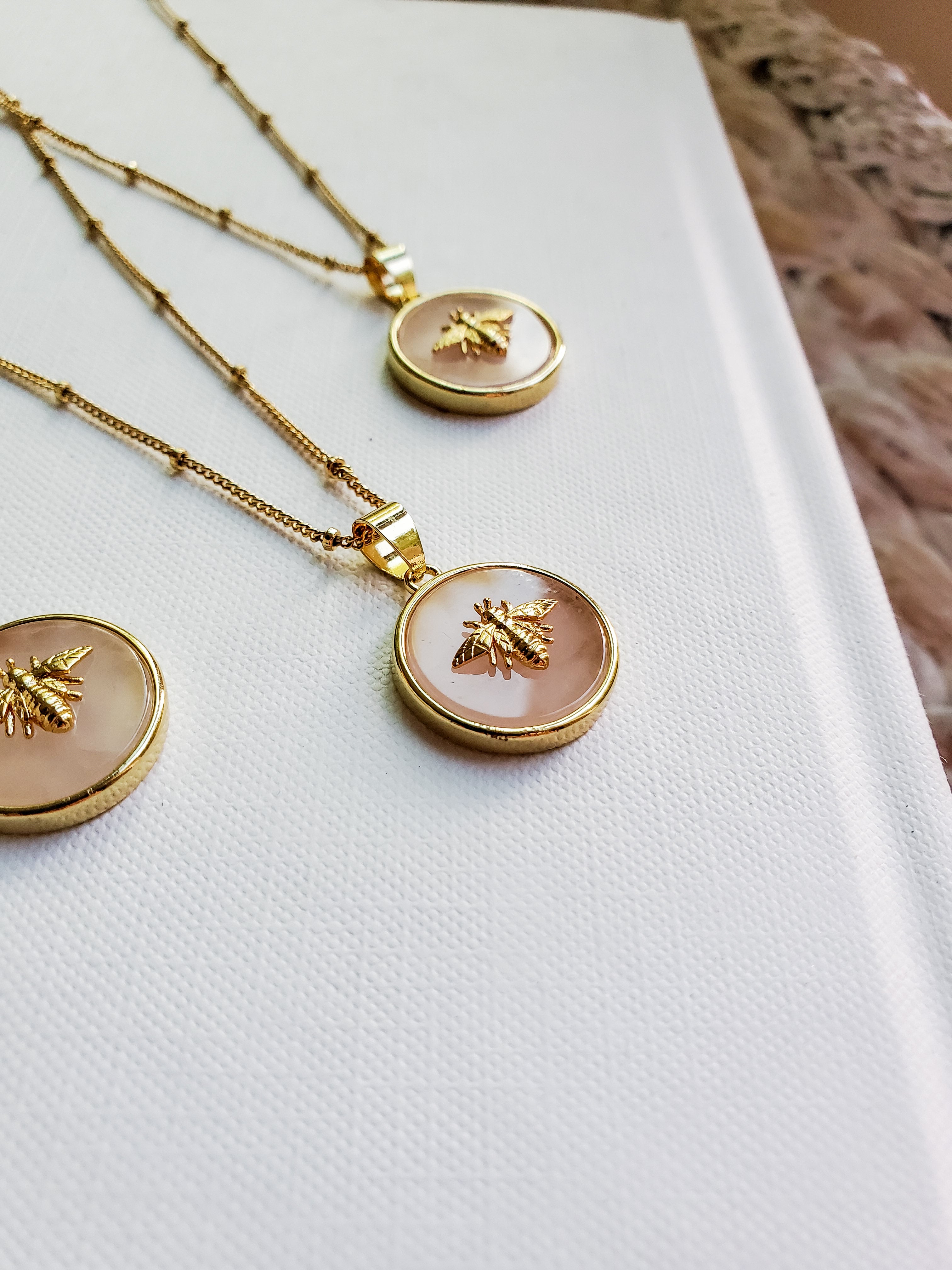18k gold plated brass bee pendant on Queen Bee necklace.